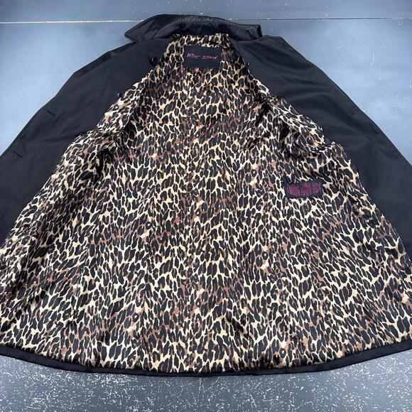 Betsy Johnson Trench Coat Womens Black Shiny Whimsigoth Pea Club Cheetah Lined - Picture 2 of 10